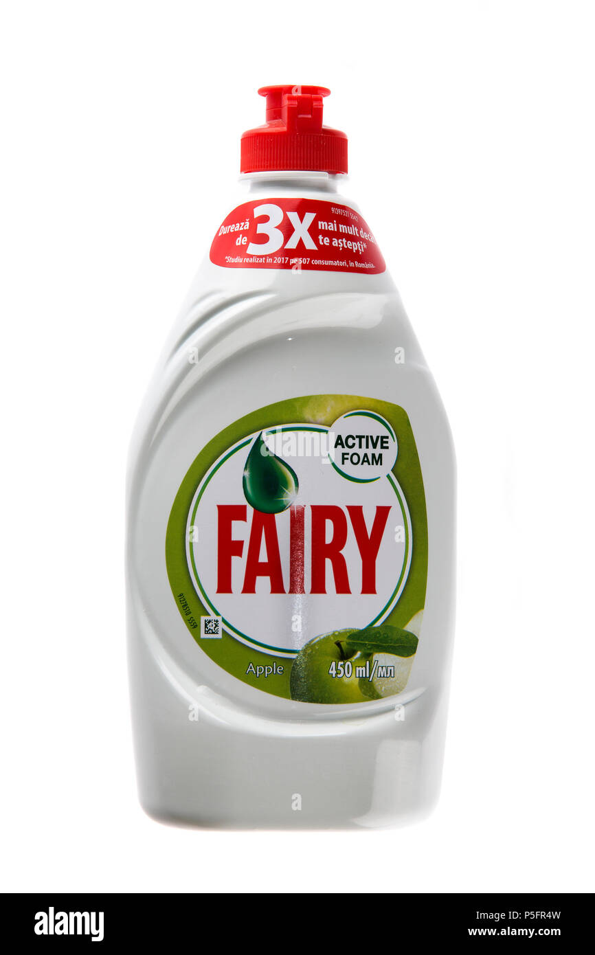 Varna, Bulgaria - February 26, 2018: Bottle of original Fairy washing up liquid. Dish soap with an apple scent and active foam. Isolated on white back Stock Photo