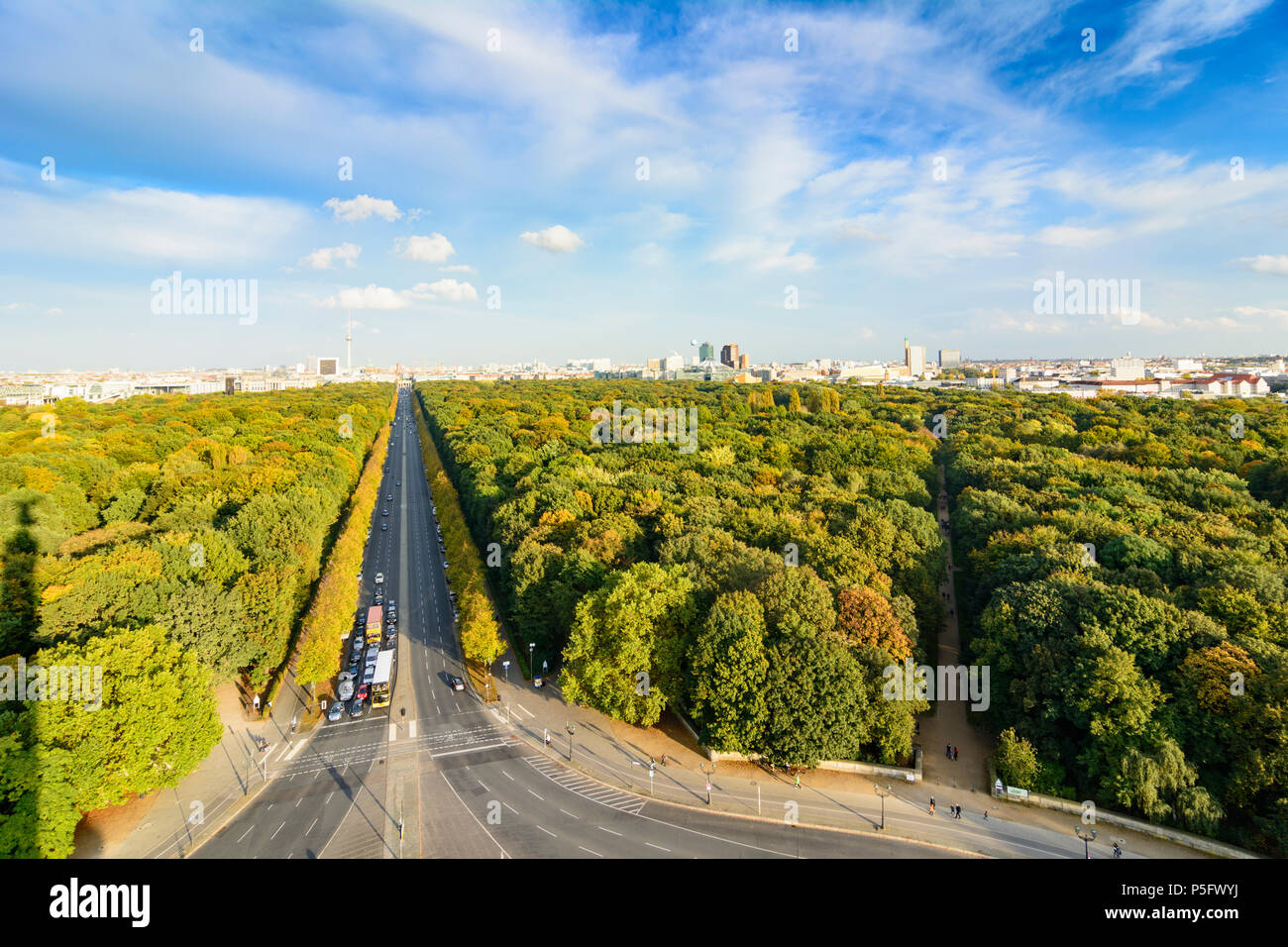 Berlin: View from the Victory Column to city centre, park Tiergarten in colors of autumn in Germany, Berlin, Stock Photo