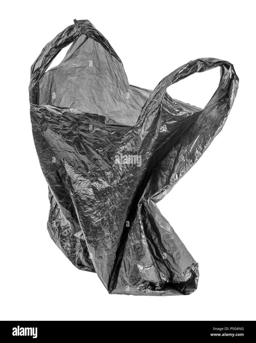 wrinkled empty trash bag isolated on white background. old black