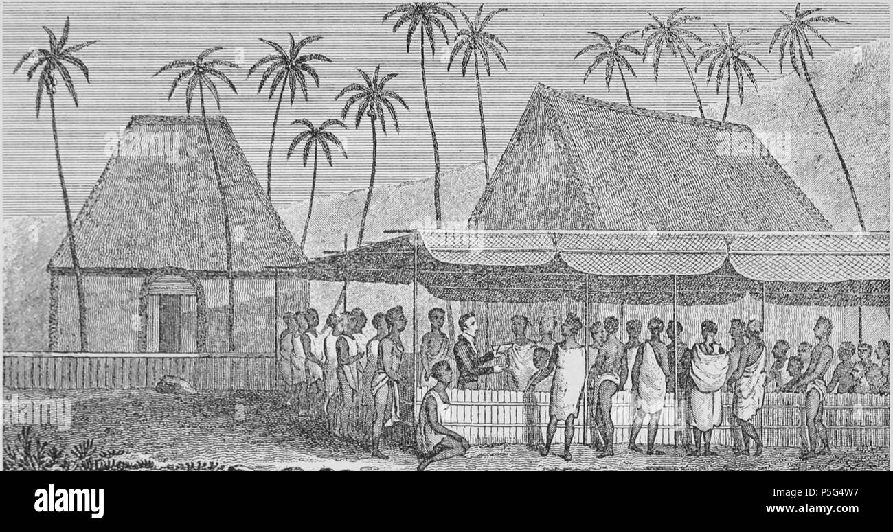N/A. English: 'A Missionary Preaching to the Natives, under a Skreen of platted Cocoa-nut leaves at Kairua.' Engraved by T. Dixon after a sketch by William Ellis. This is from the second and third London edition published in 1826 and 1827 and later reprinted in 1917. circa 1823.   William Ellis  (1794–1872)      Alternative names W. Ellis; Reverend William Ellis; Rev. William Ellis  Description British missionary, writer and photographer  Date of birth/death 29 August 1794 9 June 1872  Location of birth/death London London  Work period 1816-1872  Work location Society Islands, Hawaiian Islands Stock Photo