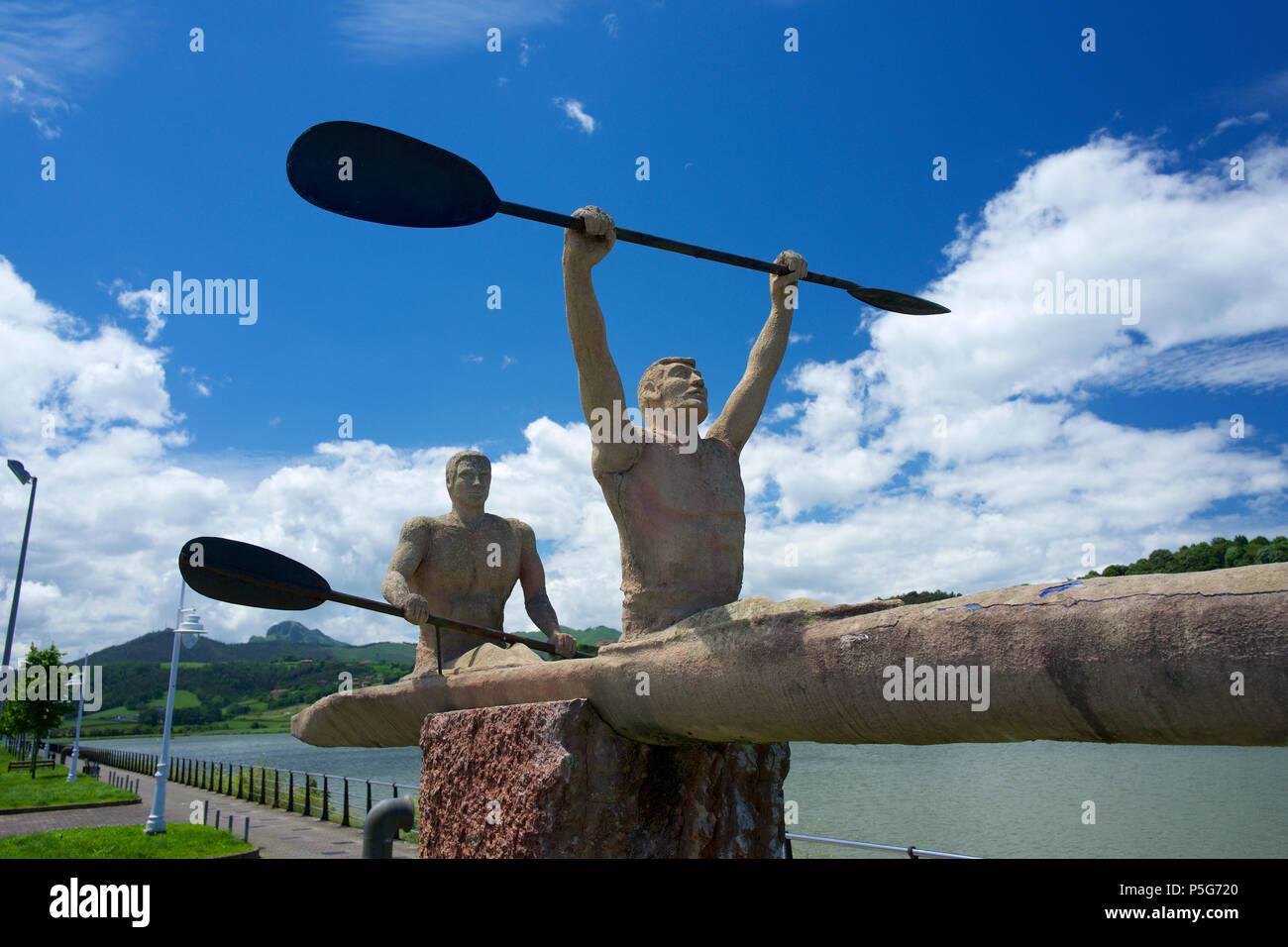 Sculpture representing local canoe event in Ribadesella, Asturias, N Spain Stock Photo