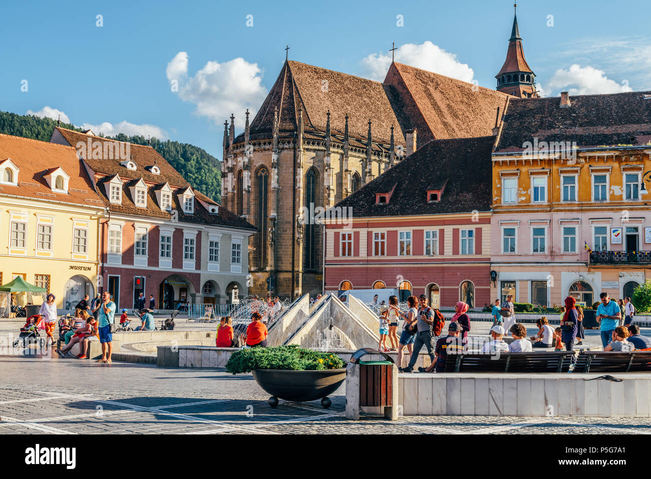 BRASOV, ROMANIA JULY 05, 2017 In Brasov Council Square (Piata Sfatului) Are Located The