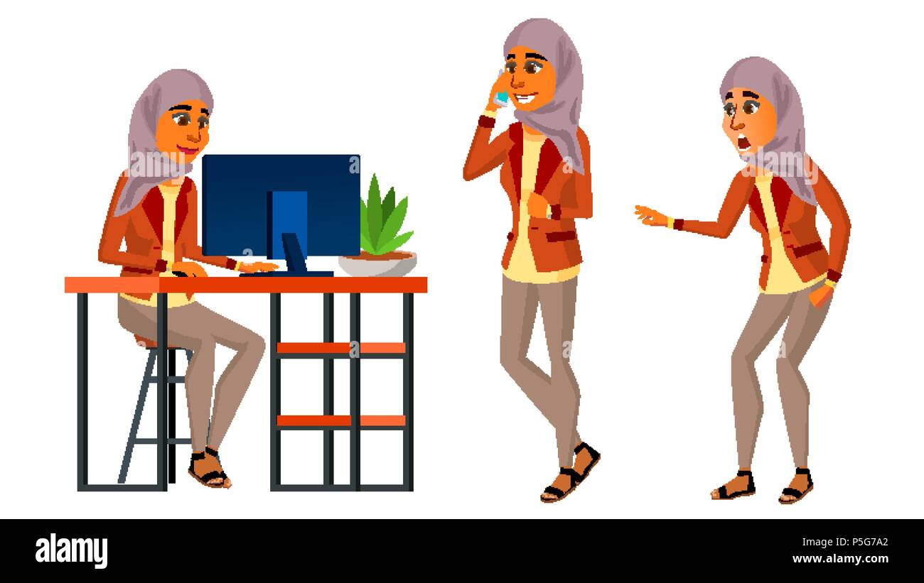 Arab Woman Office Worker Vector. Woman. Hijab. Islamic. Traditional Clothes. Set. Modern Employee, Laborer. Business Woman. Front, Side View. Face Emotions, Various Gestures. Flat Cartoon Illustration Stock Vector