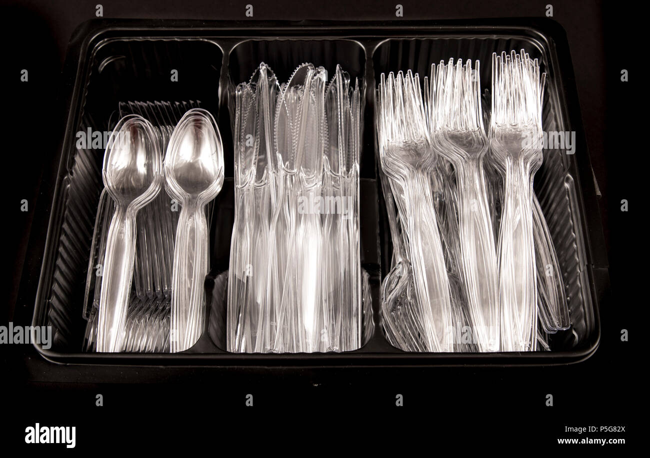 Plastic cutlery, disposable cutlery, knives, forks, spoons, plastic waste, transparent, transparent, Stock Photo