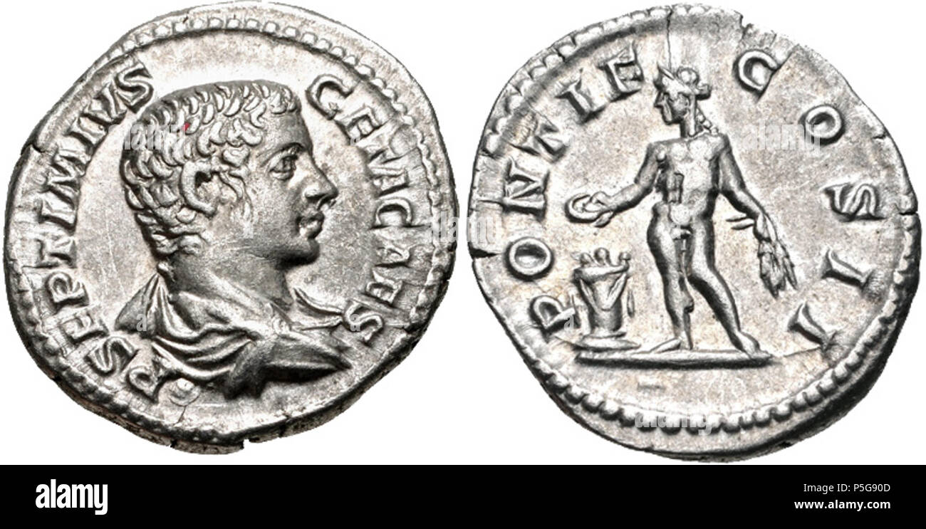 N/A. Português: Geta. As Caesar, AD 198-209. AR Denarius (19mm, 3.67 g, 6h). Rome mint. Struck AD 208. Bareheaded and draped bust right / Genius standing facing, head left, sacrificing from patera over lighted altar and holding grain ears. RIC IV 59a; RSC 114a. Near EF, lightly toned, short flan crack. 24 August 2015, 06:32:44. CNG Coins 435 Denarius of Geta, AD 208 Stock Photo