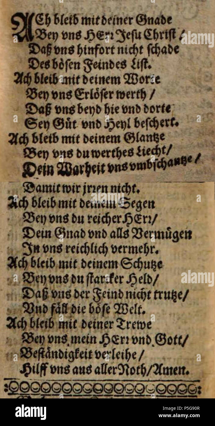 N/A. Deutsch: Josua Stegmann: Ach bleib mit deiner Gnade. In: Ernewerte Hertzen-Seufftzer, Lüneburg 1633, S. 347-348 . 1633. Josua Stegmann 56 Ach bleib mit deiner Gnade (1633) Stock Photo