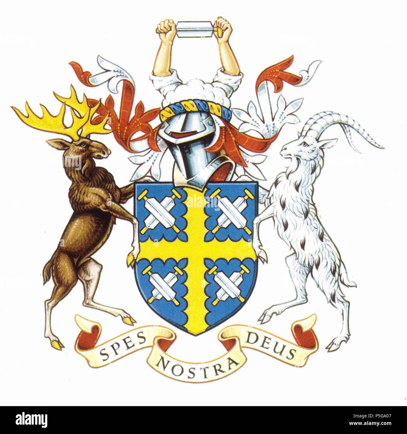 N/A. English: Arms: Azure a cross engrailed or between four pairs of shaves in saltire argent handled or. Crest: On a wreath or and azure out of the clouds proper two arms embowed carnation the shirt sleeves folded beneath the elbows argent in the hands a shave argent handled or. Supporters: Dexter, an elk proper attired and unguled or; Sinister, a goat argent flashed sable. 8 August 1583. College of Arms 357 Coat of Arms Colour large Stock Photo