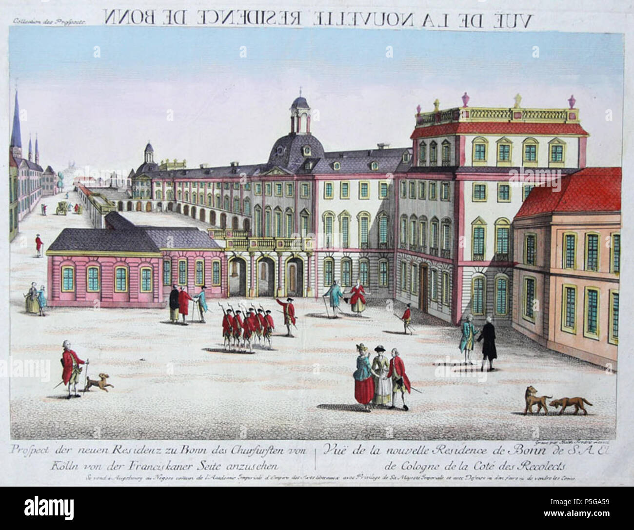 N/A. English: Lateral view of the new residenz of the Elector of Cologne at Bonn. The Elector's former residenz had been destroyed by fire in 1777. Engraving by Balthasar Friedrich Leizel. 1780s.   Balthasar Friedrich Leizel  (1727–1802)    Alternative names Balthasar Friedrich Leizelt  Description German copperplate engraver  Date of birth/death circa 1727 after 1802  Work location Augsburg  Authority control  : Q18507912 VIAF:26145542358496640955 ISNI:0000 0004 5619 7551 LCCN:no98080960 GND:10375850X SUDOC:183682351 WorldCat 221 Bonn Residenz Leizel Stock Photo