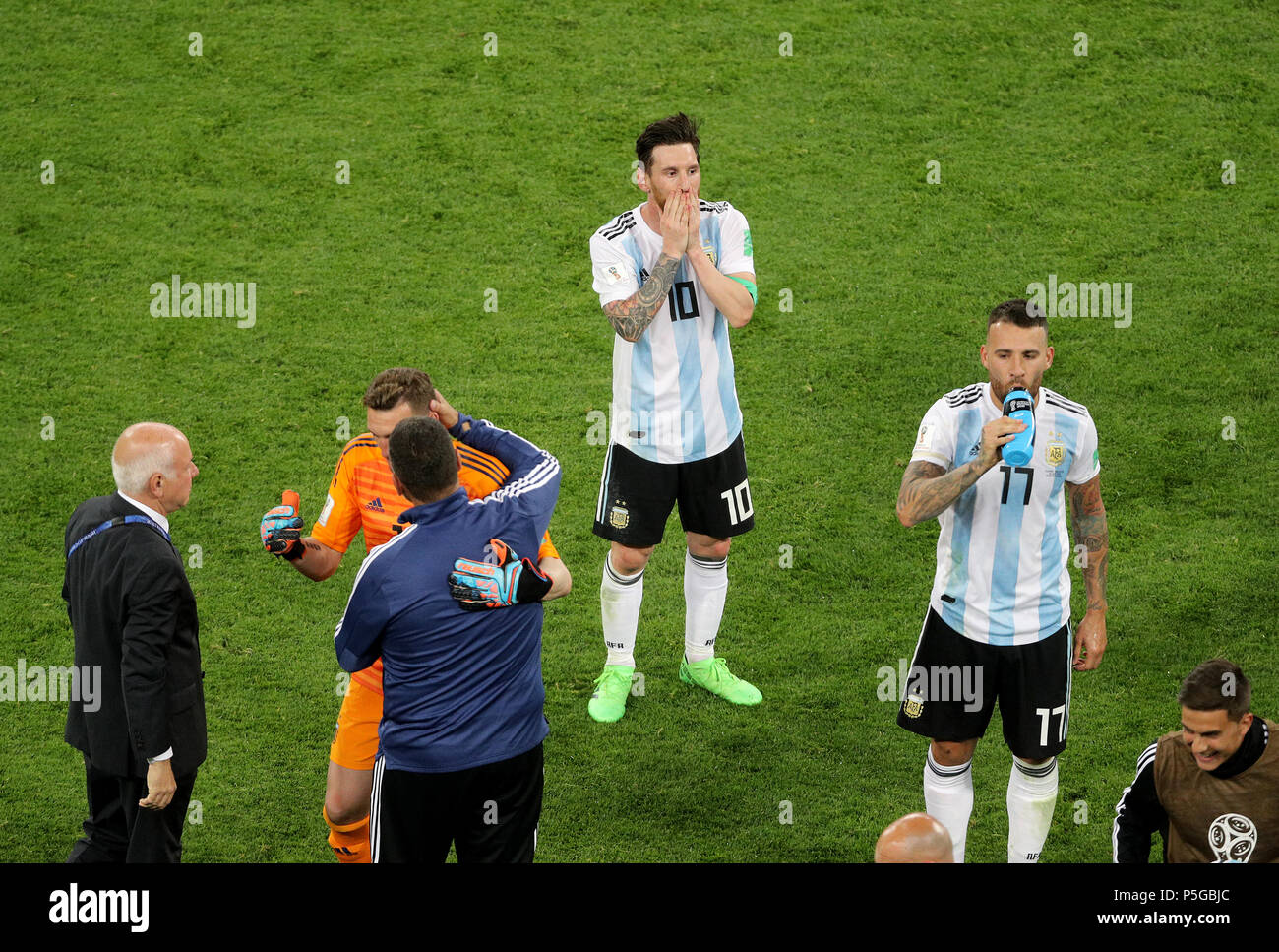 Argentina's Lionel Messi celebrates after the final whistle during the FIFA World Cup Group D match at Saint Petersburg Stadium. Stock Photo