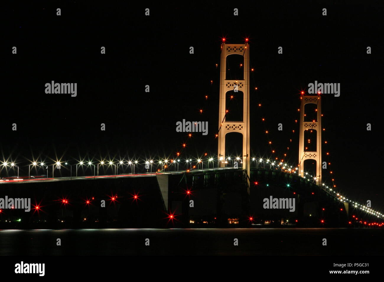 Mackinac Bridge at night with Lights Stock Photo Alamy