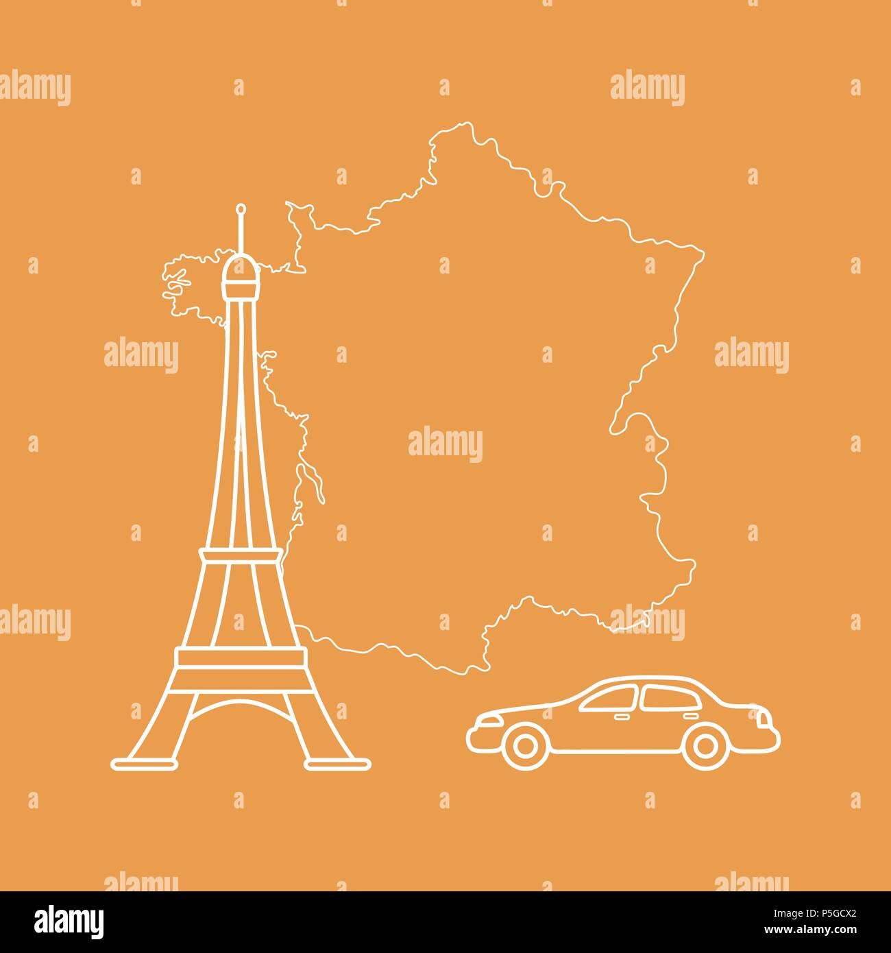Map of France, famous tower of Paris, car. Travel and leisure Stock
