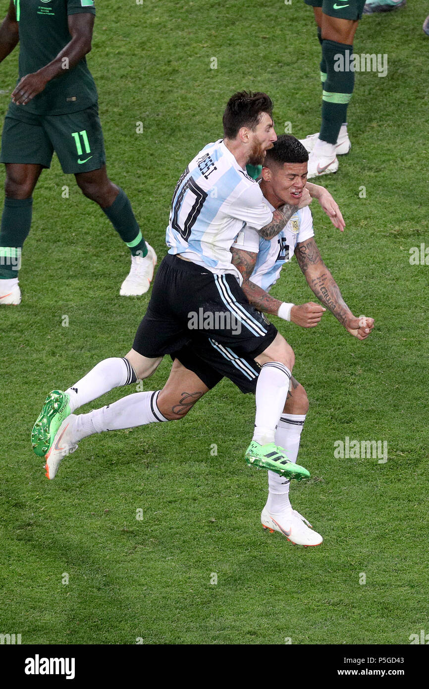 Argentina's Marcos Rojo (right) celebrates scoring his side's second goal of the game with team-mate Argentina's Lionel Messi (left) during the FIFA World Cup Group D match at Saint Petersburg Stadium. Stock Photo