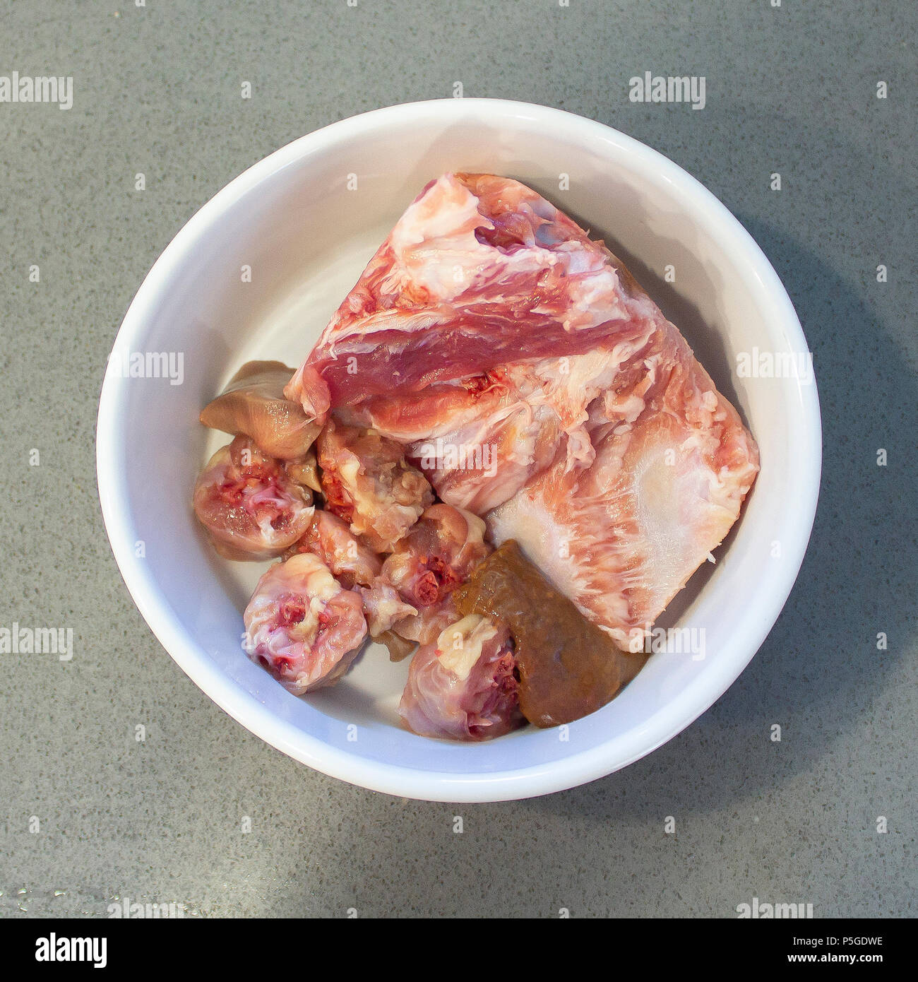 Dog food bowl with raw meat for raw feeding for small breed Stock Photo