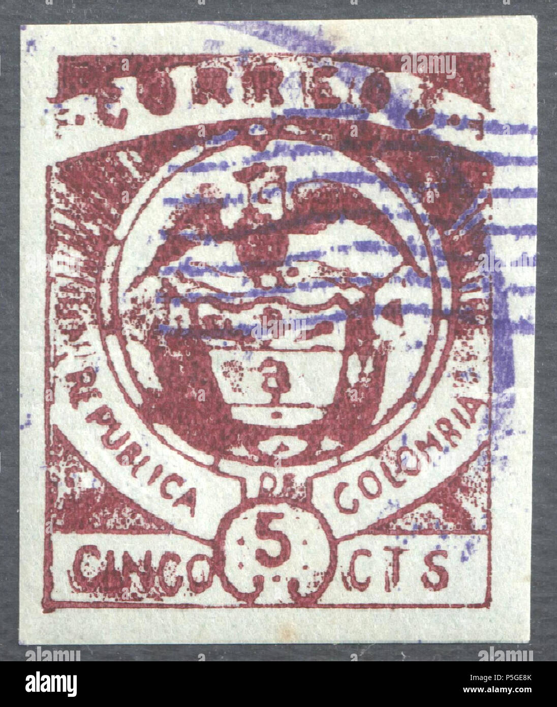 N/A. English: Colombia Cartagena 5c second issue, purple overprint, December 8 1899. Overprinted with 7 parallel wavy lines, a control mark to identify stamps as national provisional issue. Catalogue: Sc. 172 . 8 December 1899. Post of Colombia 368 Colombia Cartagena 1899 Sc172 Stock Photo