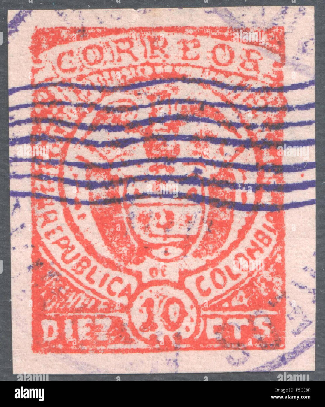 N/A. English: Colombia Cartagena 10c second issue, purple overprint, December 8. Overprinted with 7 parallel wavy lines, a control mark to identify stamps as national provisional issue. Catalogue: Sc. 173 . 8 December 1899. Post of Colombia 368 Colombia Cartagena 1899 Sc173 Stock Photo