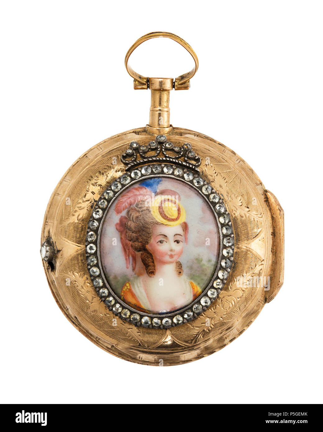 XXXVIII:K.F.a.05. 556 Fickur med boett av guld med miniatyrporträtt i emalj, 1700-tal - Hallwylska museet - 110409 Stock Photo