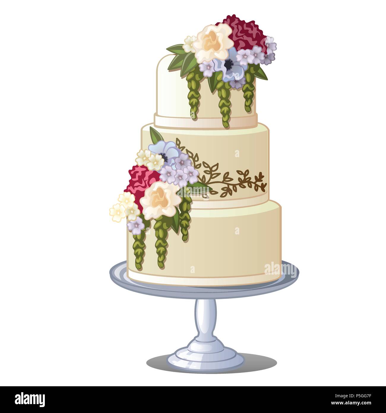 Festive layered biscuit cake covered with frosting and edible flowers. Sketch for greeting card, festive poster or party invitations. Pastry isolated on a white background. Wedding attributes. Vector. Stock Vector