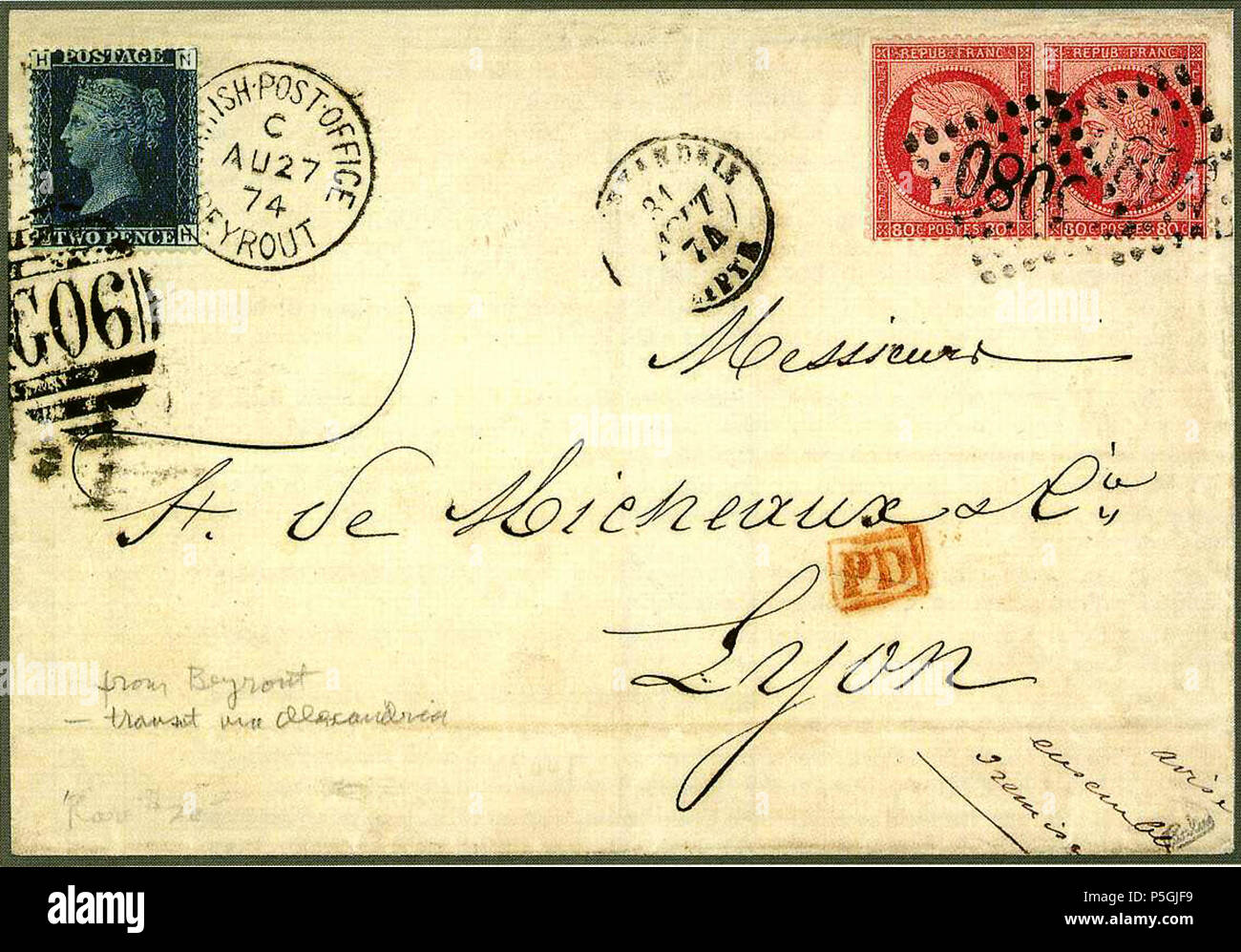 N/A. English: Cover from British-Post-Office BEYROUT to Lyon with 2 pence (Gibbons 14) & France 50 c carmine pair tied 5080 at Alexandrie Egypte. Lot 2696 sold 9,000 SF in 2000 (Cihangir collection). August 1874. 27 August 1874 (scan 2017-09-21 00:10:11). BPO in the Levant 30 1874 2p G06&amp;BPO Beyrout 80cpair 5080 G14 Stock Photo