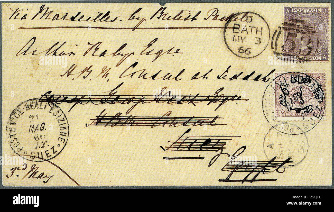 N/A. English: Cover from Bath (GB) to Saudi Arabia. Transit in Suez. Lot sold 17,000 SF in 2000 (Cihangir collection). 3 May 1866 (scan 2017-09-21). UK and Egypt posts 30 1866 May3 Bath to Jeddah via Suez Stock Photo
