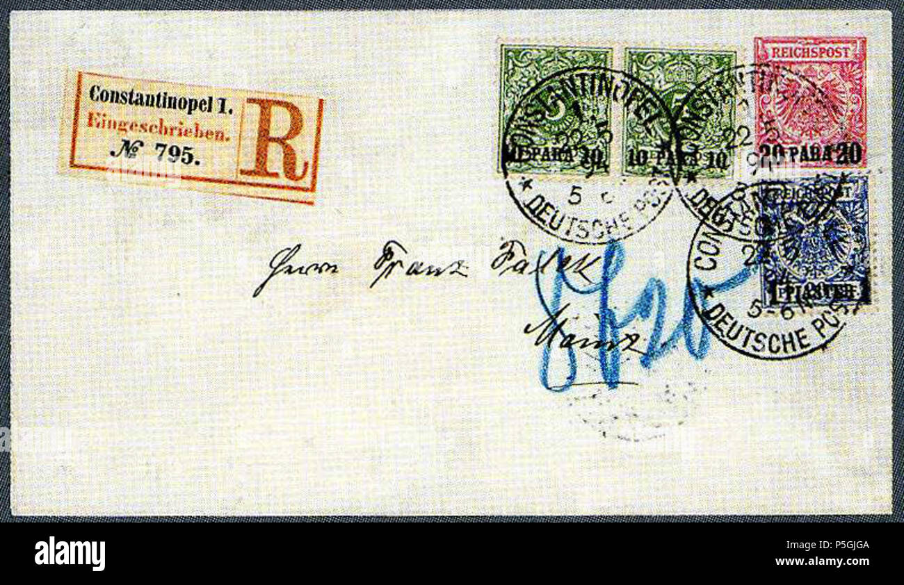 N/A. English: German Levant 20 para stationery with 10 para & 1 piastre  issue 1889, registered cover from Constantinopel I to Mainz in 1894. From  Cihangir collection. 25 September 2017, 18:09:33. Deutsche