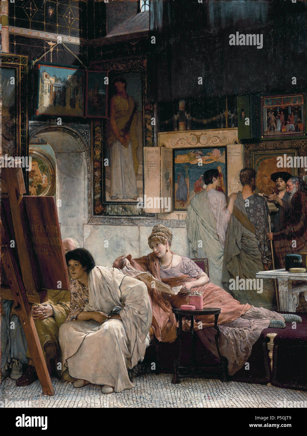 N/A. English: A picture gallery oil on panel 76.2 x 59.1 cm signed b.r.: L. Alma-Tadema Op. CXVI  . circa 1873.   Lawrence Alma-Tadema  (1836–1912)     Alternative names Lawrence Alma Tadema, Lourens Alma Tadema, Laurens Alma Tadema  Description Dutch-British painter, draughtsman, etcher and illustrator  Date of birth/death 8 January 1836 25 June 1912  Location of birth/death Dronrijp Wiesbaden  Work period 1851-1912  Work location Antwerp (1852-1865), Leeuwarden (1855), Cologne (1861), Pompeii (1863-1864), Paris (1864), Brussels (1865-1870), London (1868, 1870-1912), Egypt (1902-1903)  Author Stock Photo