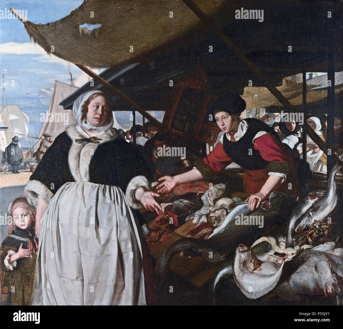 N/A. English: Adriana van Heusden and her daughter at the new fishmarket in Amsterdam oil on canvas 57,10 x 64,10 cm 1632 - 1692  . from 1632 until 1692.   Emanuel de Witte  (1617–1692)     Alternative names Emanuel de Widt; Manuel de Widt; Emanuel de Wit; Manuel de Wit; Emanuel de With; Manuel de With; Emanuel de Witt; Manuel de Witt; Manuel de Witte  Description Dutch painter and draughtsman  Date of birth/death 1617 1692  Location of birth/death Alkmaar Amsterdam  Work location Alkmaar (1636), Delft (1641-1650), Amsterdam (ca. 1652-1692)  Authority control  : Q711203 VIAF:69722781 ISNI:0000 Stock Photo