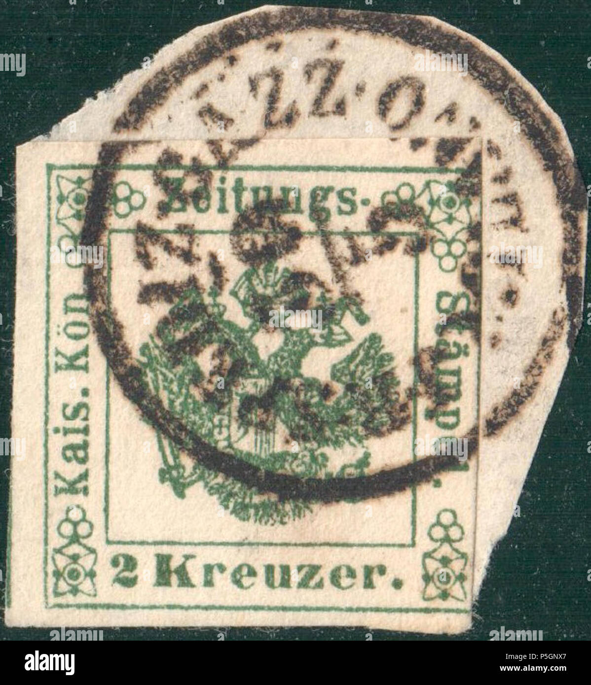 N/A. English: Austria 1853 Ferchenbauer type Ia deep green with scarce Lombardy-Venice postmark of the post office newspaper section 'I.R.SPEDIZ(IONE) GAZZ(ETTE) MILANO'. Müller postmark: 362 type RS-f . 1853. Post of the Austrian Empire 153 Austria 1853 Ia deep green MILANO 01 Stock Photo