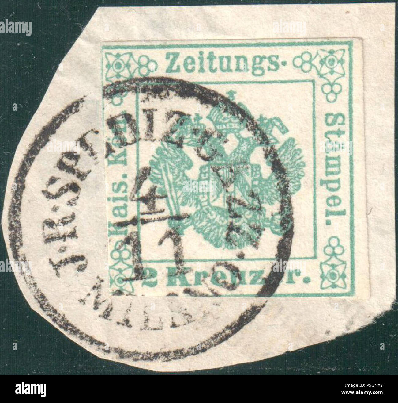 N/A. English: Austria 1853 Ferchenbauer type Ia blue green with scarce Lombardy-Venice postmark of the post office newspaper section 'I.R.SPEDIZ(IONE) GAZZ(ETTE) MILANO'. Müller postmark: 362 type RS-f . 1853. Post of the Austrian Empire 153 Austria 1853 Ia blue green MILANO Stock Photo