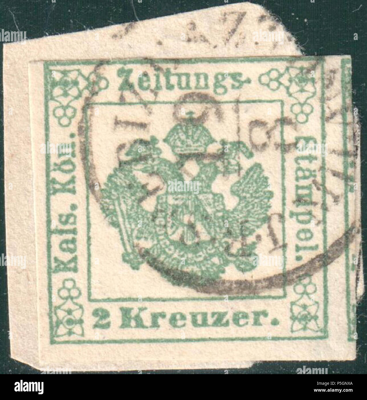 N/A. English: Austria 1853 Ferchenbauer type Ib green with scarce Lombardy-Venice postmark of the post office newspaper section 'I.R.SPEDIZ(IONE) GAZZ(ETTE) MILANO'. Müller postmark: 362 type RS-f . 1853. Post of the Austrian Empire 153 Austria 1853 Ib green MILANO Stock Photo