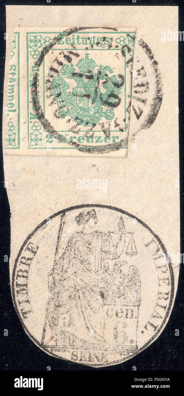 N/A. English: Austria 1853 Ib blue green on fragment used in MILANO with complete French 6 centimes newspaper tax signet (Seine region). Newspaper tax stamps were affixed to newspapers coming into the Austrian empire from abroad. This is an example of a newspaper fragment from France to Milan. Lombardy-Venice postmark of the post office newspaper section 'I.R.SPEDIZ(IONE) GAZZ(ETTE) MILANO'. Müller postmark: 362 type RS-f . 1853. Post of the Austrian Empire 153 Austria 1853 Ib blue green MILANO signet Stock Photo