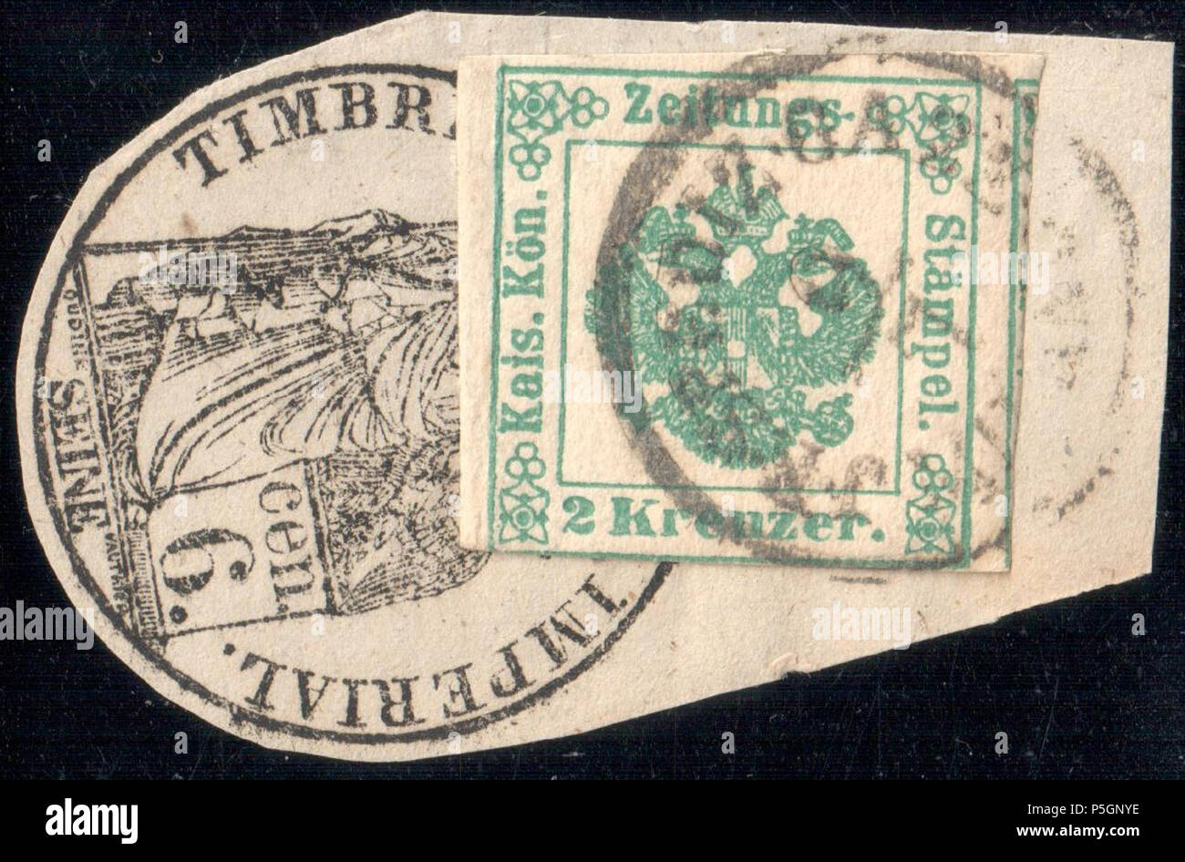 N/A. English: Austria 1853 Ib green on fragment used in MILANO with French signet. Newspaper tax stamps were affixed to newspapers coming into the Austria empire from abroad. This is an example of a newspaper fragment from France to Milan. Lombardy-Venice postmark of the post office newspaper section 'I.R.SPEDIZ(IONE) GAZZ(ETTE) MILANO'. Müller postmark: 362 type RS-f . 1853. Post of the Austrian Empire 153 Austria 1853 Ib green MILANO signet Stock Photo