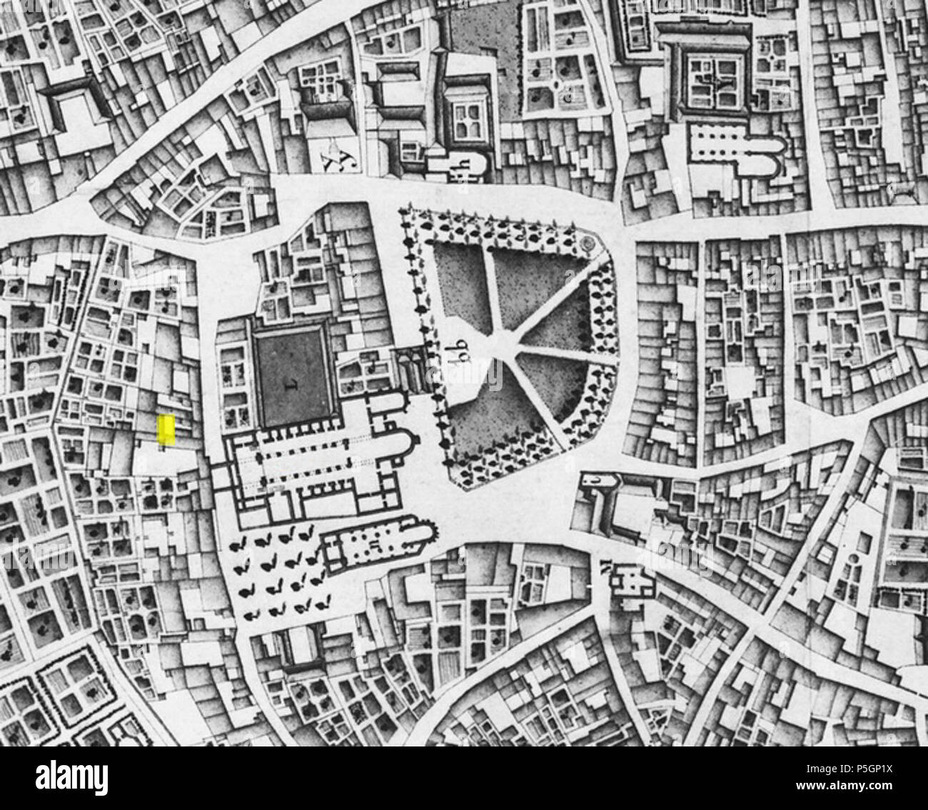 N/A. English: Location (marked in yellow) of the 2009-2010 small-scale archaeological excavation at Sint Servaasklooster 14, Maastricht, the Netherlands. Based on a 1749 map by French military engineer Jean-Baptiste Larcher d'Aubencourt, used to build the Maquette of Maastricht. 29 August 2016, 18:28:00. Jean-Baptiste Larcher d'Aubencourt, 1749 23 1749LarcherDAubencourt, Vrijthofopgravingen 37 Stock Photo