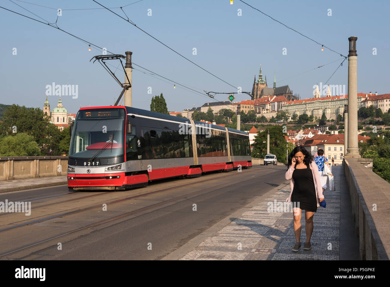 Streetcar or Tram on Manes Bridge with Prague Castle in the Background,  Prague, Czech Republic Stock Photo - Alamy