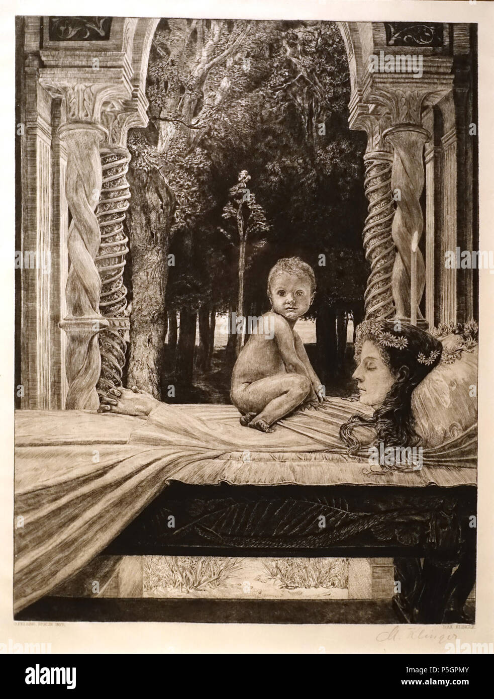 N/A. English: Exhibit in the Montreal Museum of Fine Arts - Montreal, Quebec, Canada. 28 September 2016, 11:34:15. Daderot 430 Dead Mother by Max Klinger, plate 10 from 'Vom Tod', Second Part, Opus XIII, 1889, drypoint, state V-VI - Montreal Museum of Fine Arts - Montreal, Canada - DSC08924 Stock Photo