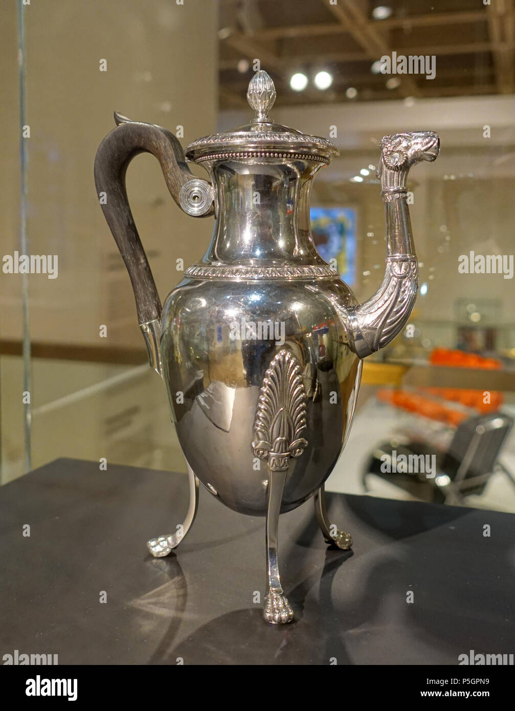 N/A. English: Exhibit in the Montreal Museum of Fine Arts - Montreal, Quebec, Canada. 28 September 2016, 11:45:56. Daderot 364 Coffee pot by Louis Legay, Paris, c. 1820, silver, ebony - Montreal Museum of Fine Arts - Montreal, Canada - DSC08955 Stock Photo