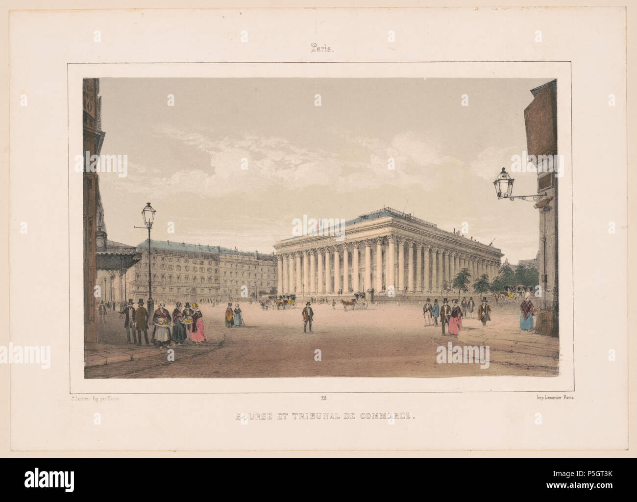Paris. Bourse et Tribunal de Commerce . Print shows a street level view of a large building with colonnades, labeled 'Bourse et Tribunal de Commerce'; also shows pedestrians, street vendors, and carriages or hansom cabs . Date Created/Published: Paris : Imp. Lemercier, Paris, [between 1845 and 1860]. N/A 179 Bayot &amp; Jacottet, Paris. Bourse et Tribunal de Commerce - Library of Congress Stock Photo