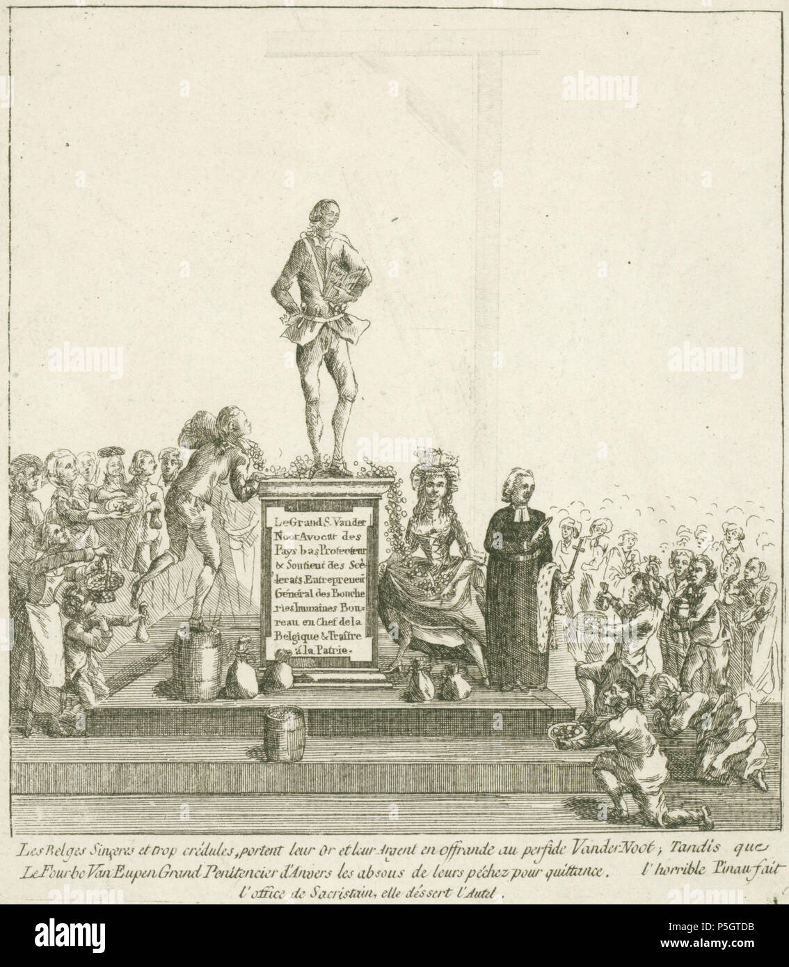 N/A. English: Cartoon of Brabant revolution . between circa 1787 and circa 1790. Anonymous 184 Belgen brengen hun geld naar Van der Noot, anoniem, 1787 - 1800 Stock Photo