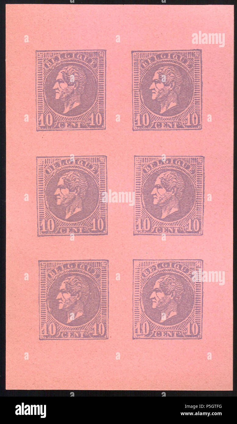 N/A. English: Belgium 1865-1866 10c Leopold I essays by Charles Wiener. Sheet of six, purple on rose paper, ungummed. between 1865 and 1866. Charles Wiener 184 Belgium 1865-1866 10c Leopold I essays by Charles Wiener purple Stock Photo
