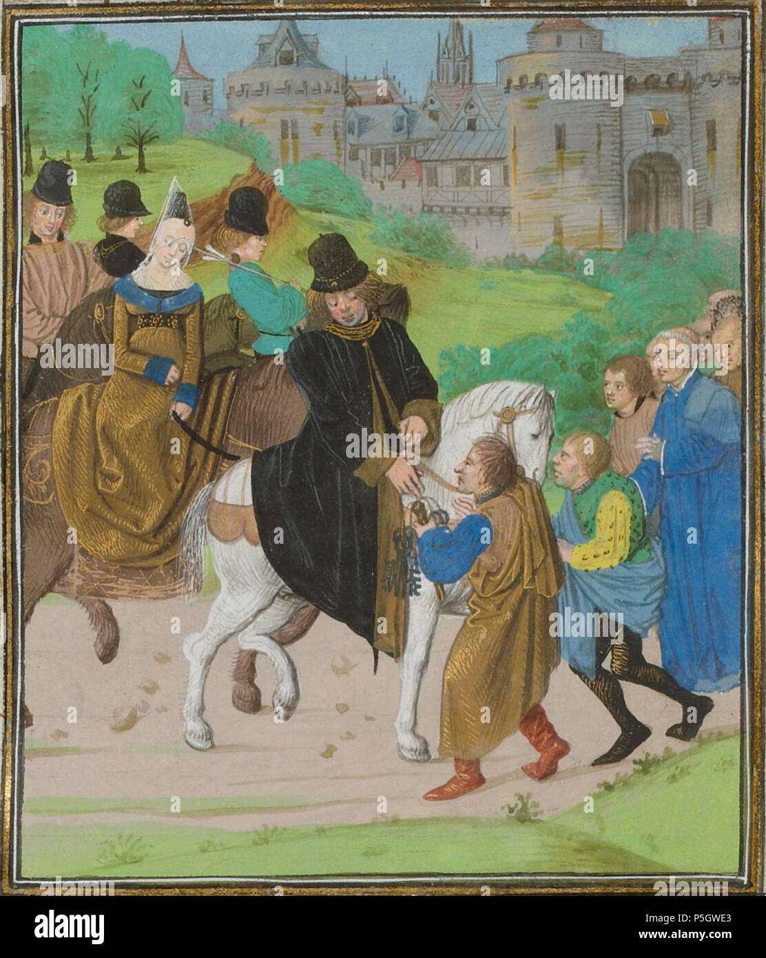 N/A. Surrender of Santiago de Compostela to John of Gaunt . 15th century.   Jean Froissart  (1337–1410)       Alternative names Jean Froissart. A chronicler of medieval France who wrote 'Froissart's Chronicles' which is an important source of information for the first half of the Hundred Years' War.  Description French chronicler, historian, canon, poet and writer  Date of birth/death 1330s 1405  Location of birth/death Valenciennes Chimay  Authority control  : Q315000 VIAF: 100178580 ISNI: 0000 0001 1821 9033 LCCN: n50023448 NLA: 35105465 Open Library: OL5960695A WorldCat 485 Dukeoflancaster Stock Photo