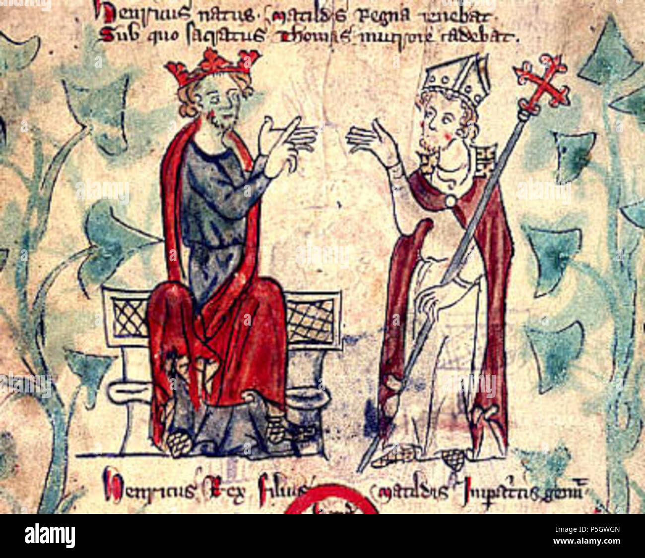 N/A. English: St. Thomas Becket faces King Henry II in a dispute; Henry II and Thomas A'Beckett from a contemporary manuscript. In 1162 King Henry II persuaded his Chancellor Thomas Becket, to become Archbishop of Canterbury, although Becket warned him that his chief loyalty would then be to the Church and not to the king. They disagreed about many matters. One of the most important was whether clergy who had broken the law could be tried in the King's courts or whether they could appear only before the Church courts. Eventually in 1170 Becket was murdered by three of the King's knights and He Stock Photo