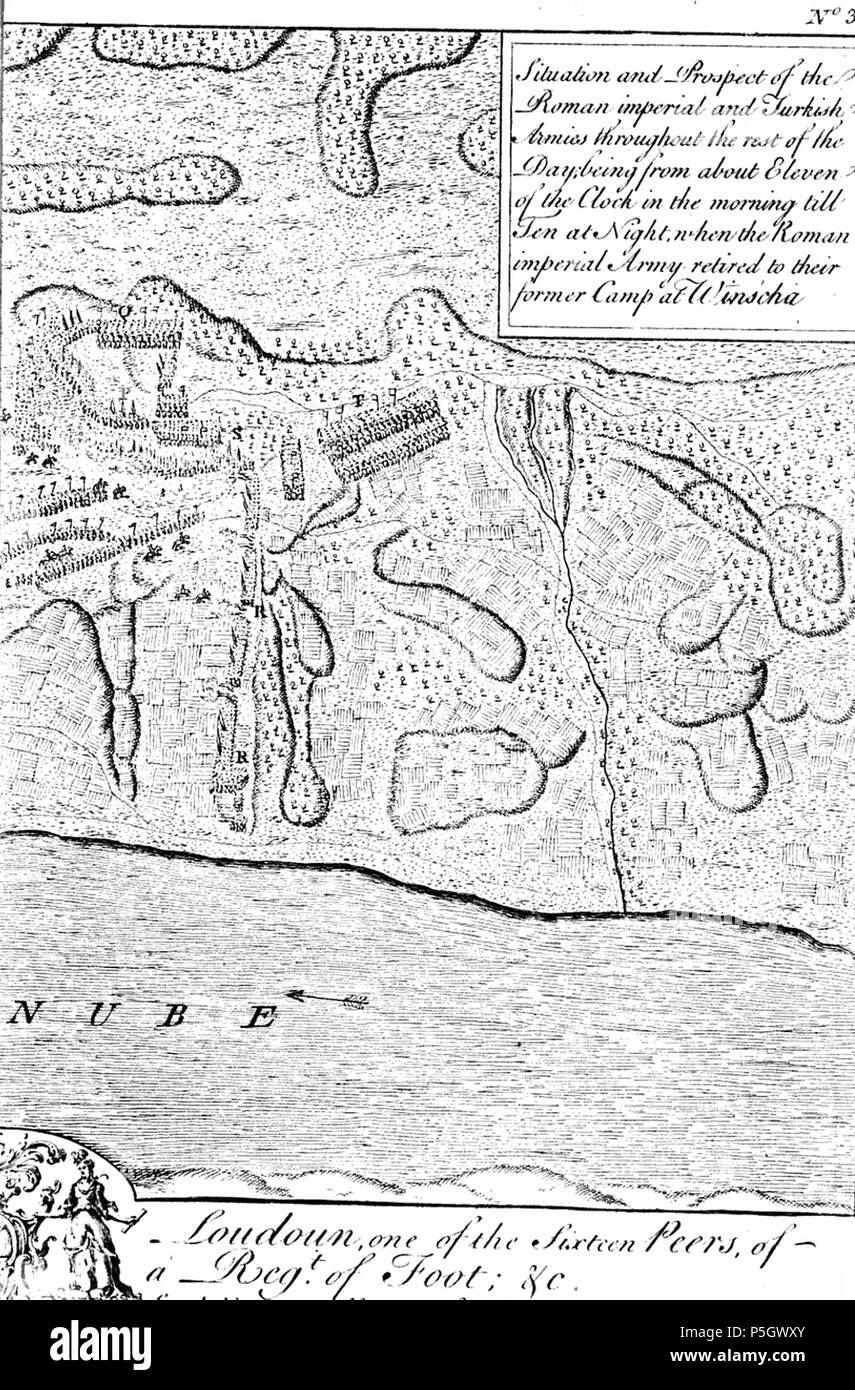 N/A. English: Map of battle of Grocka, fought in 22 july 1739, describing the situation between Austrian Imperial army and the Ottoman forces from about 11 o'clock till 10 in the evening. Map was made by John Lindsay, 20th earl of Crawford, or illustrated after his description and appeared in his memoirs published in 1753 by his servant Henry Köpp. Description: Situation and Prospect of the Roman imperial and Turkish Armies throughout the rest of the Day; being from about Eleven of the Clock in the Morning till Ten at Night, When the Roman imperial Army retired to their former camp at Winscha' Stock Photo