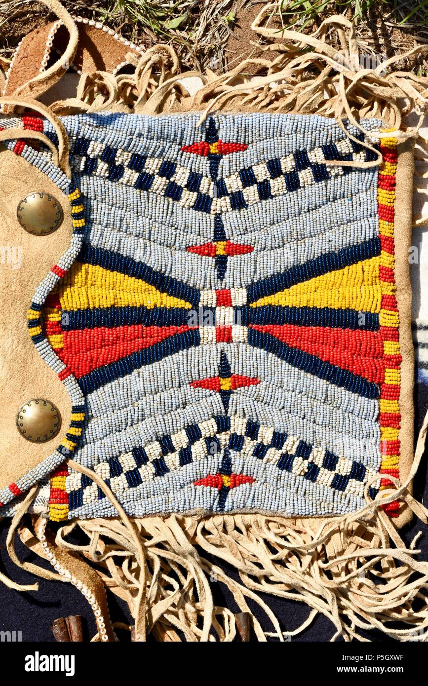Close up of traditional Native American designed bead pattern on hand crafted pouch on display at Bloody Lake Rendezvous, Woodford, Wisconsin, USA Stock Photo