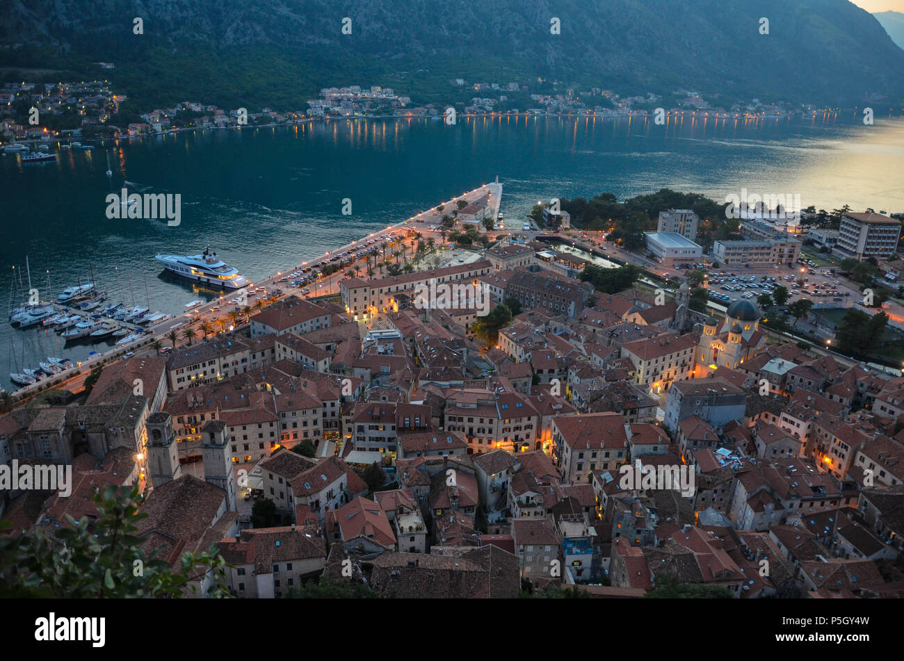 Looking down on the old town from the top of St John (San Giovanni) Fortress and Castle, Old Town, Kotor, Bay of Kotor, Montenegro Stock Photo