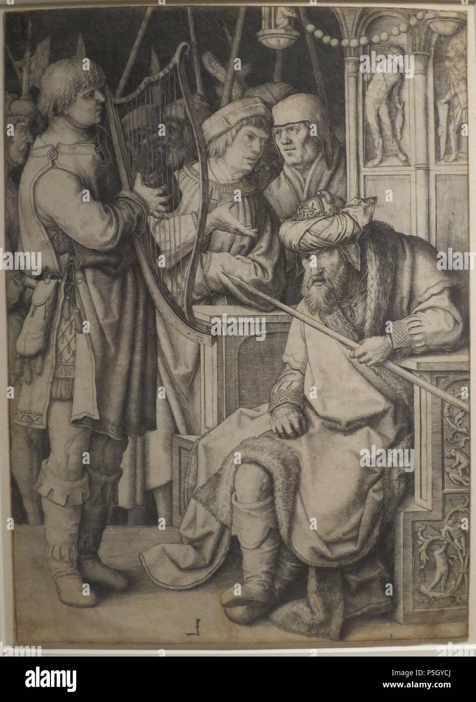 N/A. English: David Playing the Harp before Saul by Lucas van Leyden, copper engraving, c. 1508, Honolulu Museum of Art, accession 10607 . circa 1508.   Lucas van Leyden  (1494–1533)     Alternative names Lucas van Leiden, Lucas van Leijden, Lucas Hugensz. van Leyden, Luca d'Olanda, Lucas Iacobsz., Lucas Jacobsz.  Description Dutch painter, draughtsman, engraver and wood carver  Date of birth/death 1494 8 August 1533  Location of birth/death Leiden Leiden  Work period circa 1508-1533  Work location Leiden  Authority control  : Q320980 VIAF:95809141 ISNI:0000 0003 5543 7835 ULAN:500020789 LCCN: Stock Photo