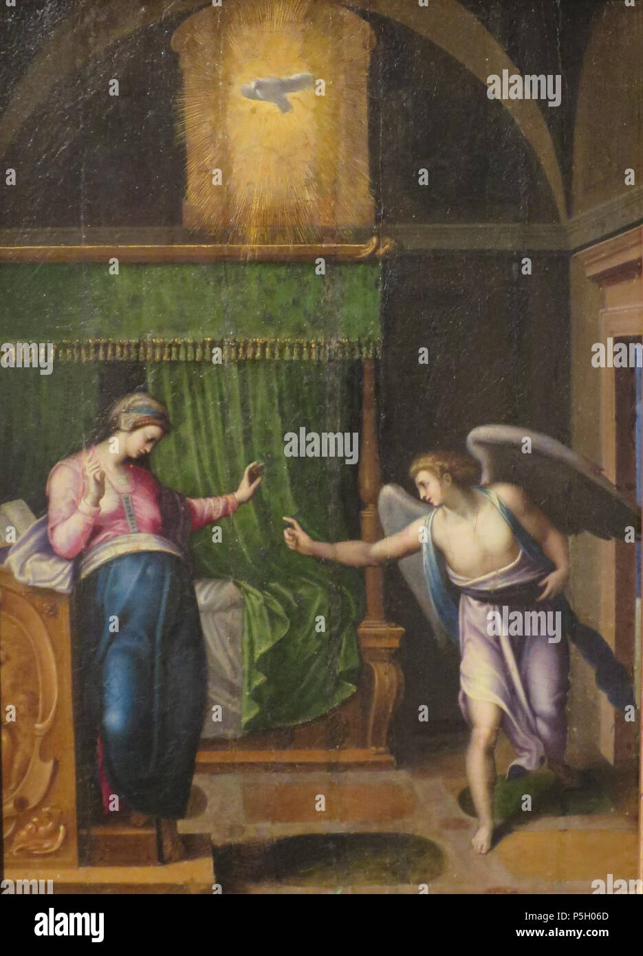 N/A. The Annunciation . 16th century.    Attributed to Marcello Venusti  (1512/1515–1579)     Alternative names Mazzo di Valtellina  Description Italian painter and fresco painter  Date of birth/death between 1512 and 1515 14 October 1579  Location of birth/death Como Rome  Work period from 1550 until 1579  Work location Rome  Authority control  : Q2716659 VIAF:45105084 ISNI:0000 0000 6634 7155 ULAN:500004451 LCCN:nr91028737 WGA:VENUSTI, Marcello WorldCat 4 'The Annunciation' attributed to Marcello Venusti, Lowe Art Museum Stock Photo