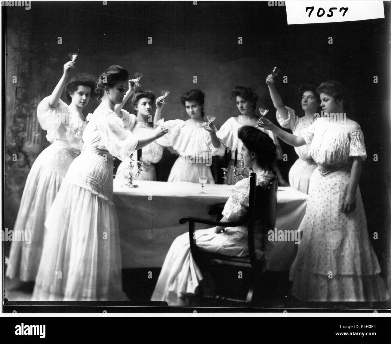 N/A. English: Persistent URL: digital.lib.muohio.edu/u/snyder,3434 Subject (TGM): Women's education; Clothing and dress; Group portraits; Location: Oxford, Ohio  . 1905. Snyder, Frank R. Flickr: Miami U. Libraries - Digital Collections 5 'Toast to the Bride' 1905 (3195497966) Stock Photo