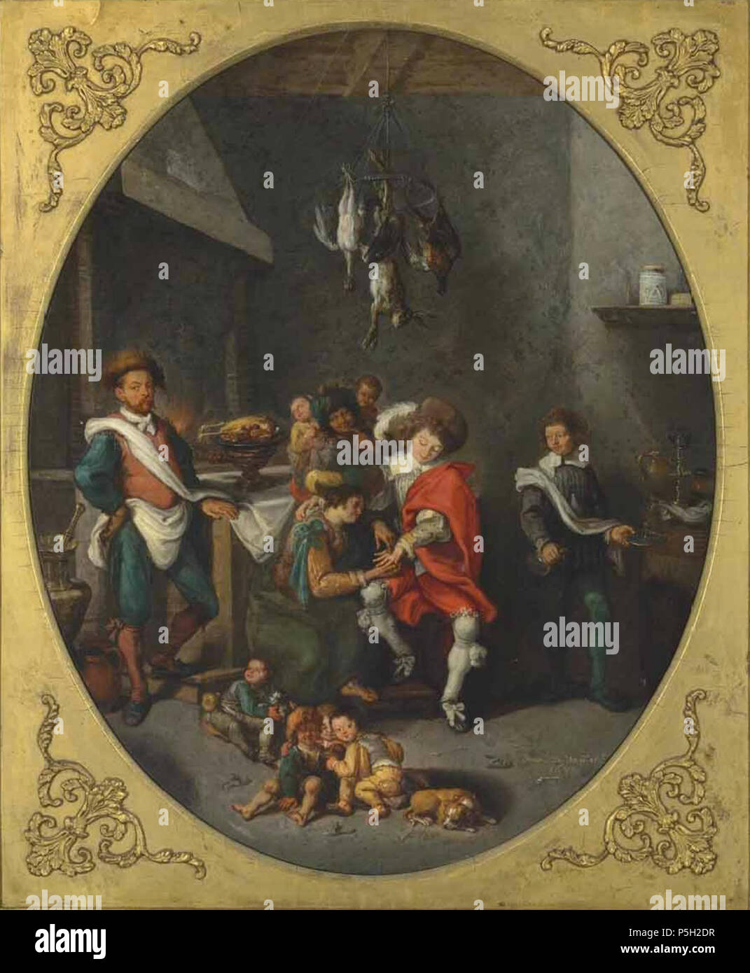 English: The interior of a kitchen with a fortune teller reading the palm of a finely dressed gentleman, with other figures and children;  1639. N/A 14 Simon de Vos - The interior of a kitchen with a fortune teller Stock Photo