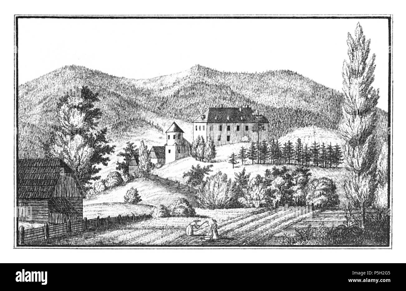 14 114 Schloss Gumpenstein, Irdning - drawing by S. Kölbl - J.F.Kaiser Lithografirte Ansichten der Steiermark 1830 Stock Photo