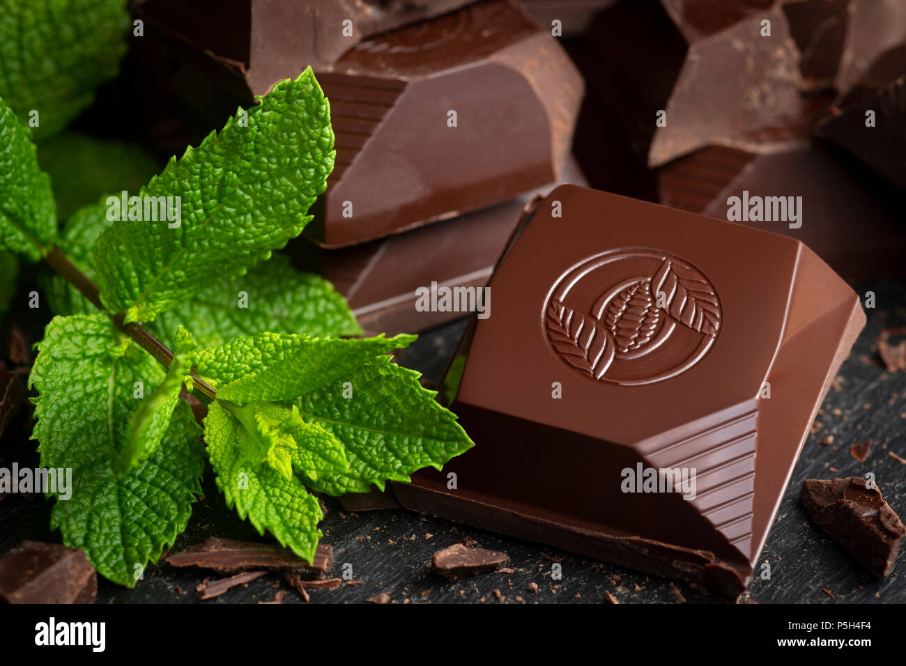 Dark chocolate for cake-making and fresh mint leaf (Mentha spicata). Stock Photo