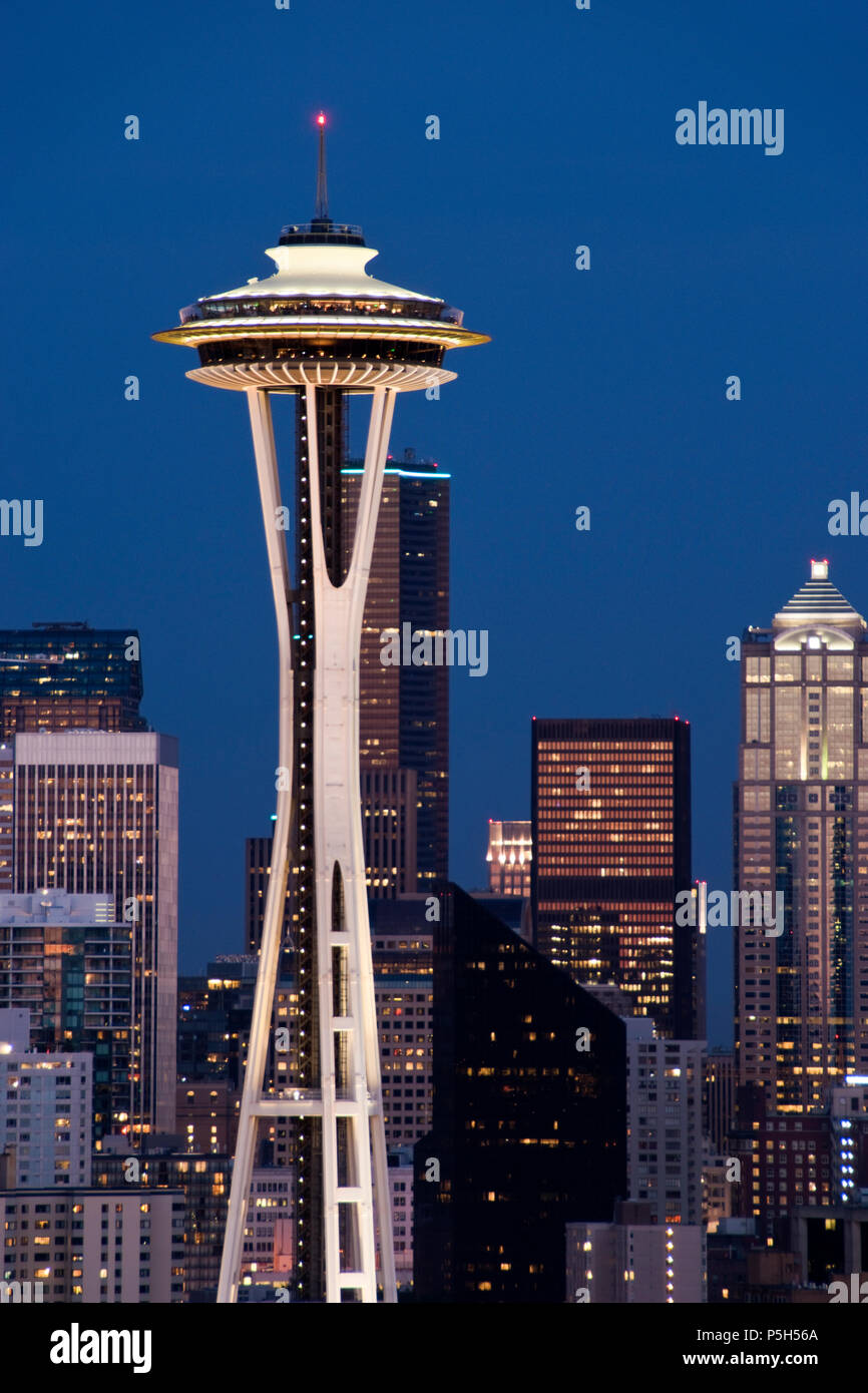The Space Needle observation tower built, for the 1962 World's Fair, is an icon of Seattle, Washington. Stock Photo